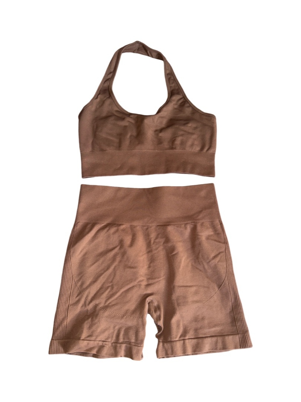 Seamless Brown Halter Sports Bra & High-Waist Shorts Set